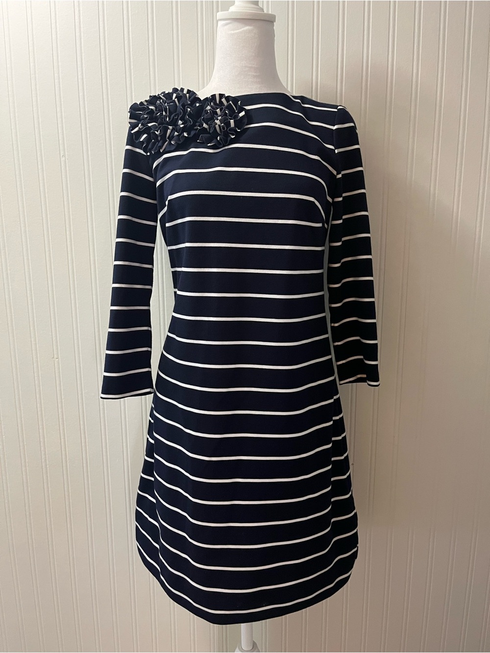 Eliza J Navy and White Striped 3/4  Sleeve A-Line Dress with Shoulder Rosette